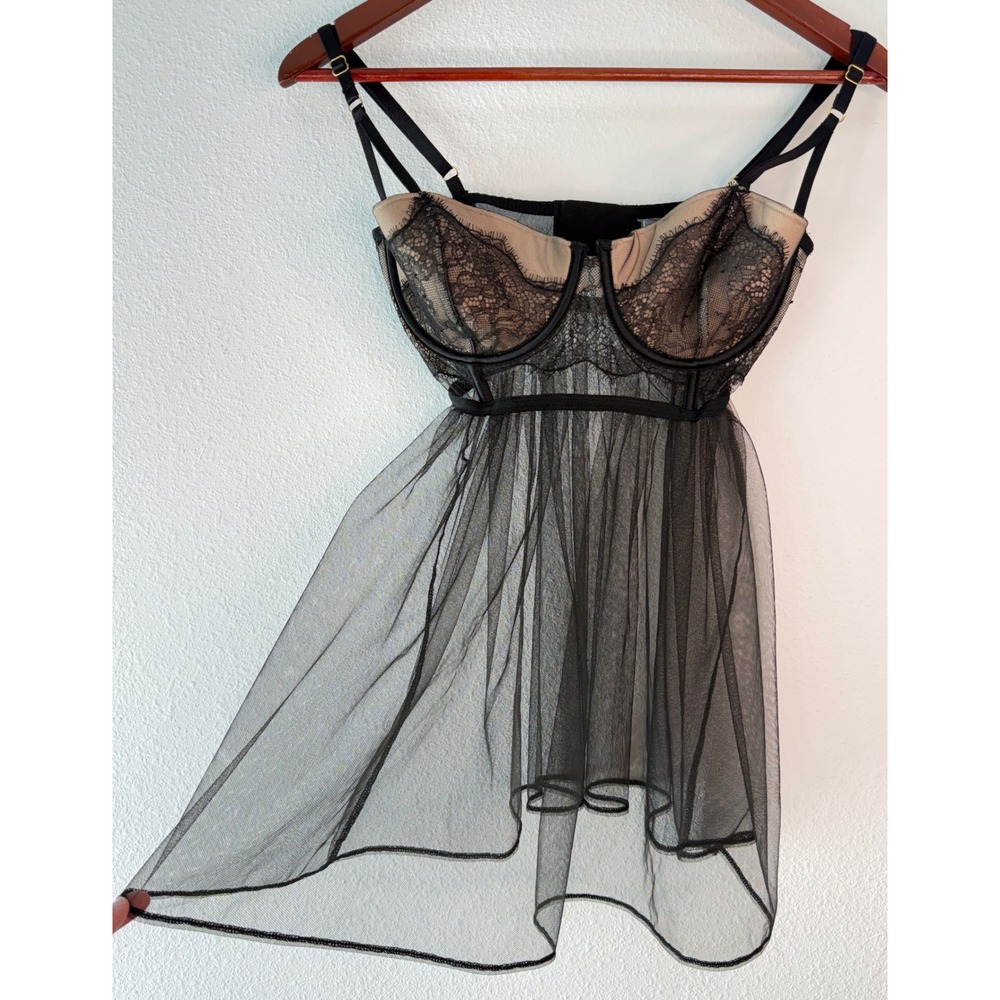 Victoria Secret Black Sheer Lace Babydoll Chemise NWT 36C Romantic Grunge Fairy